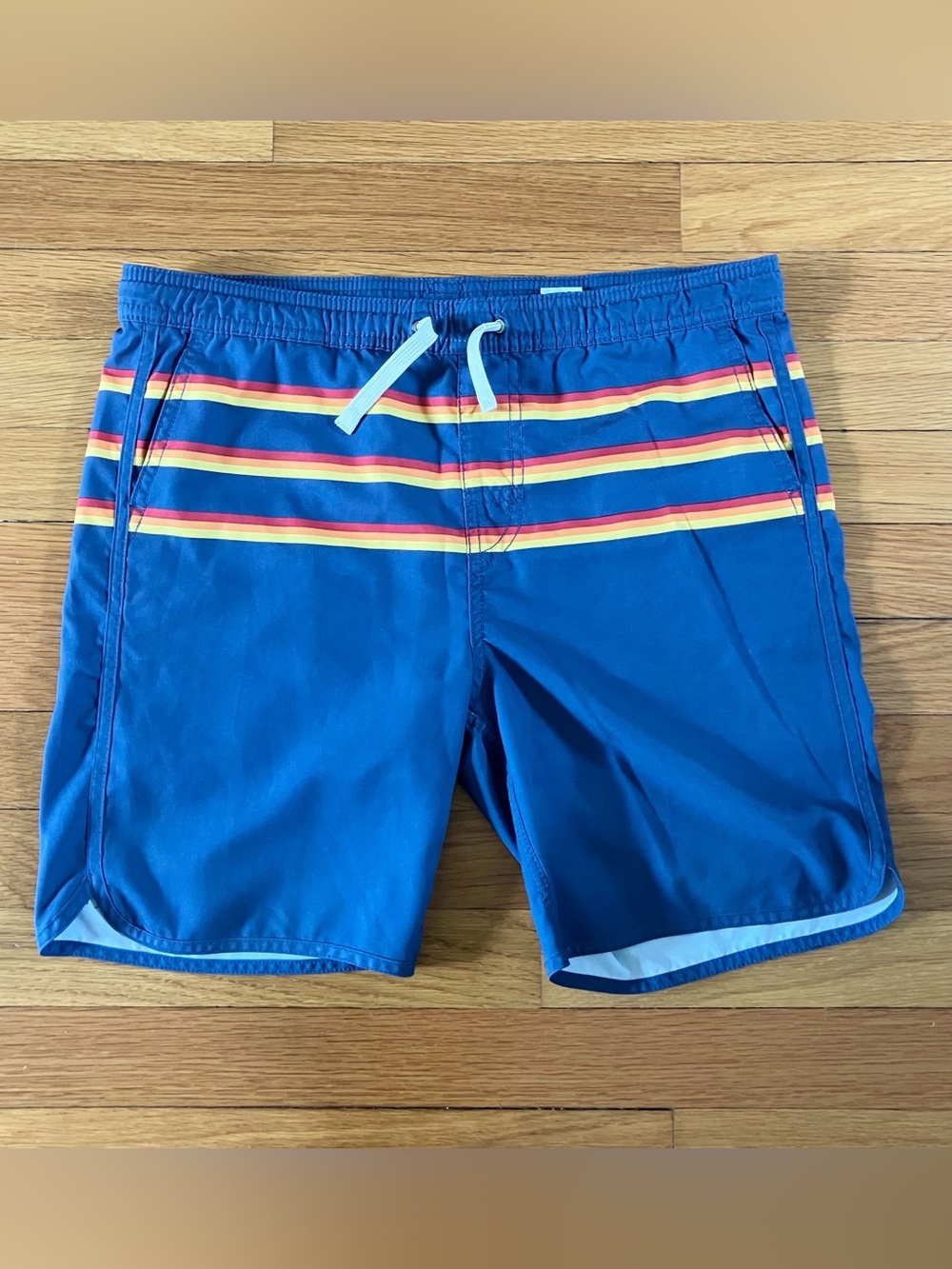 Fair Harbor Navy Blue Yellow Stripe Beach Bathing Suit Swim Trunks XL 12